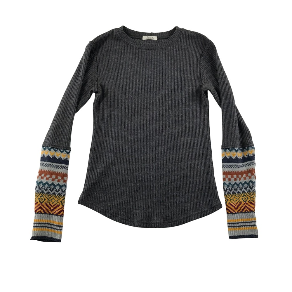 Faveur Gray Waffle Knit Thermal Top Fair Isle Print Cuffs Small Boho Eclectic